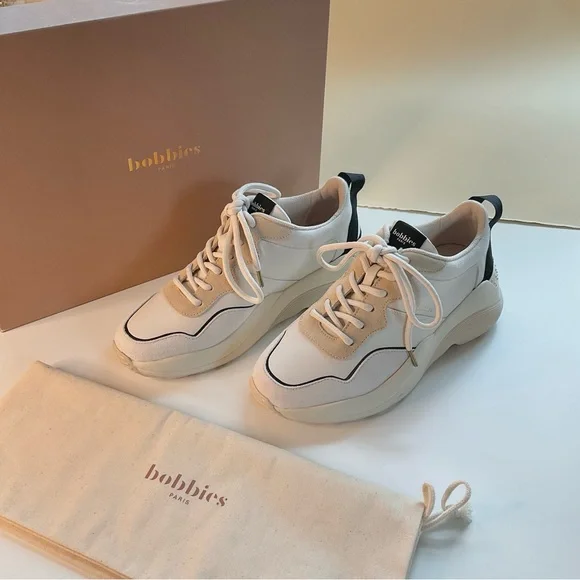 NEW • BOBBIES PARIS Beige and Black Leather Sneakers - Picture 14 of 16